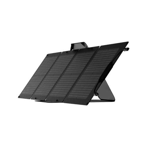 EcoFlow 110W tragbares Solarpanel, schräger Blickwinkel, zeigt das Panel halb zusammengeklappt und den Ständer