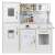 White wooden play kitchen with gold accents, featuring a fridge, oven, microwave, and sink