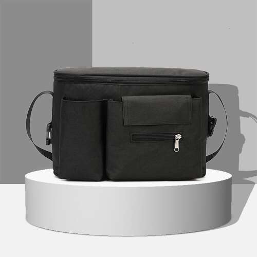 Czarna torba organizator do wózka Dollcini z wieloma kieszeniami i paskami