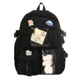Schwarzer Dollcini Rucksack mit mehreren Taschen und einem durchsichtigen Fenster für ein süßes Plüschtier, perfekt für die Schule oder den Alltag - Rucksäcke