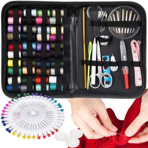 128 piece sewing kit with thread, needles, scissors, and other tools