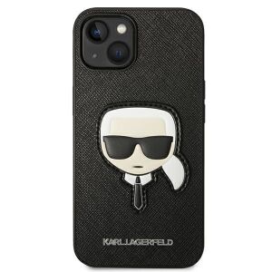 Karl Lagerfeld Saffiano Schwarze iPhone 14 Plus Hülle mit Karls Kopf - Handyhüllen