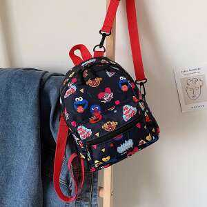 Rucsac pentru copii Dollcini, negru cu personaje colorate din Sesame Street, cu bretele reglabile și un mâner superior - Accesorii pentru îmbrăcăminte