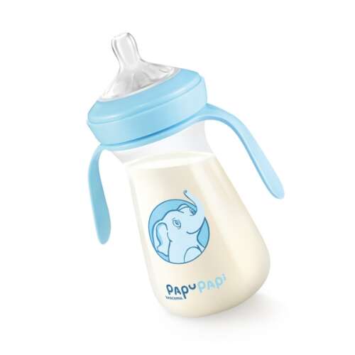 PAPU PAPI 250 ml Babyflasche mit blauen Griffen und Elefantenmotiv