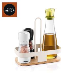 Tescoma spice rack with salt and pepper grinders and oil bottle, white and bamboo, good design - Spice Rack