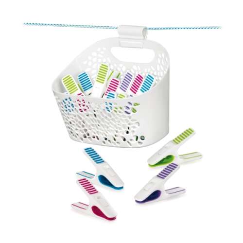 CLEAN KIT clothes pegs in basket, 20 pieces, white basket with colorful pegs, hanging on a clothesline