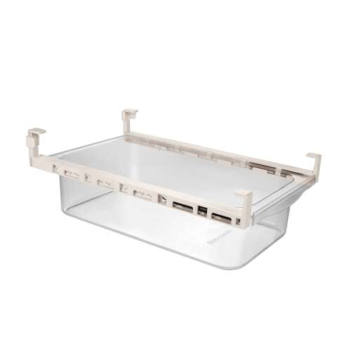 Sertare universal FlexiSPACE 290 x 190 mm, adânc, sertar din plastic transparent cu cleme albe pentru frigider sau rafturi de dulap