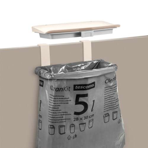 Tescoma FlexiSPACE hanging trash bag holder with a trash bag attached, mounted on a wall