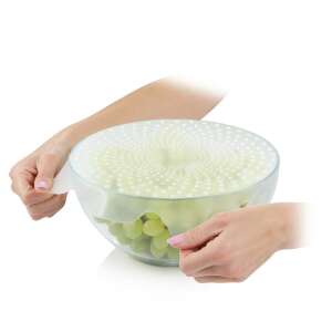 4FOOD Silicone Food Cover, 30cm, stretching over a bowl of grapes, showing how to use the cover - Pot Lid