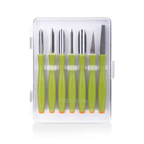 PRESTO CARVING vegetable carving set with 6 knives and a sharpening steel in a clear plastic case