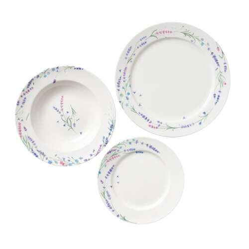 Provence 12-piece dinnerware set with lavender floral design, featuring three plates of different sizes