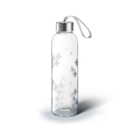 myDRINK 0.5L glass water bottle with floral design, stainless steel lid and carrying strap, by Tescoma