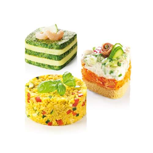 Tescoma GrandCHEF food mold set, 4 pieces, showing examples of use for rice, salad, and dessert
