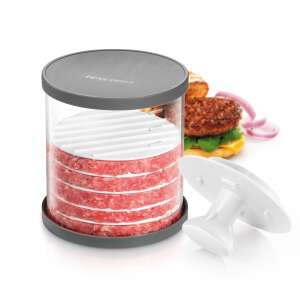 GrandCHEF Multifunktions-Hamburgerpresse, ein durchsichtiger Plastikbehälter mit grauem Deckel und einer weißen Presse, zum Herstellen perfekt geformter Hamburger-Patties - Küchenaccessories