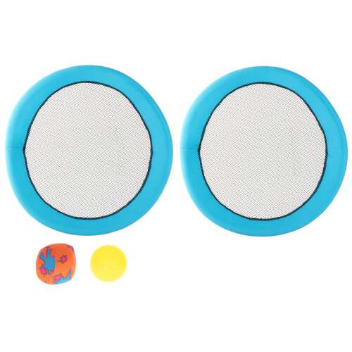 Dva modré a čierne sieťové lietajúce disky s oranžovou a modrou vzorovanou loptou a žltou loptou