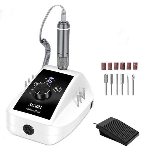 SG801 Profi Nagelbohrermaschine, 35.000 U/min, Fußpedal, LCD-Anzeige, einstellbare Geschwindigkeit und Drehung, inklusive Zubehör