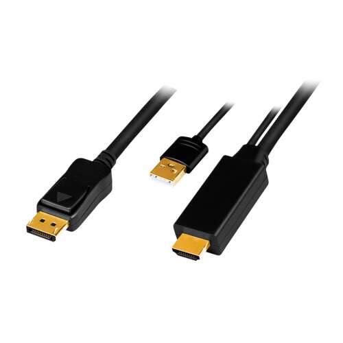 Cablu video LOGILINK, HDMI (T) 1.4 + USB (T) la DisplayPort (T) 1.2, 1m, rezolutie maxima 4K (3840 x 2160) la 30 Hz, plastic, triplu ecranaj, negru