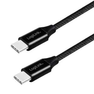 Logilink USB-C - USB-C kábel, 1 méter, fekete, fonott, fém, adatátvitel, töltés - USB kábel