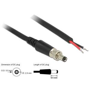 Delock DC tápkábel 5,5 x 2,5 mm nyitott huzalvéggel és csavaros csatlakozással, 95 cm hosszú, méretekkel - DC kábel