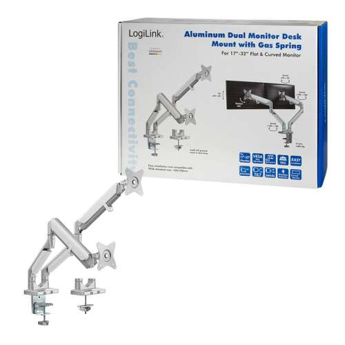 Logilink alumínium kettős monitortartó asztali állvány gázrugóval, 17-32 hüvelykes lapos és ívelt monitorokhoz