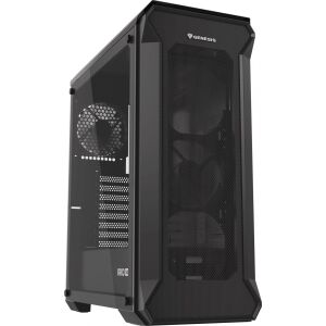 Schräge Ansicht des Genesis Irid 505 Micro Tower PC-Gehäuses mit Mesh-Frontplatte und gehärtetem Glas an der Seite - Computergehäuse
