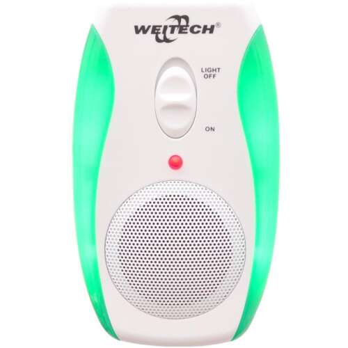 Weitech WK0190 Ultrazvukový odpudzovač škodcov pre 90 metrov štvorcových, biely a zelený, so svetlom a vypínačom