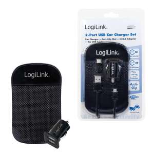 LogiLink 2-Port USB Kfz-Ladegerät Set mit Anti-Rutsch-Matte und USB-C Adapter - Autoladegeräte