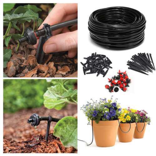 Kollázs a csepegtető öntöző készlet elemeiről és használati példáiról