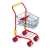 Red and blue toy shopping cart with yellow handle, perfect for pretend play and grocery shopping
