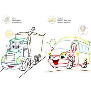Színes járművek - színes vonalkás kifestő nagy matricákkal 32802745 Foglalkoztató füzet, kifestő-színező - Jármű