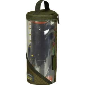 K-Karp Cayenne Rig Bin szerelékes táska, zöld, henger alakú, átlátszó műanyag ablakkal, horgok és egyéb horgászfelszerelés látható - Egyéb táska