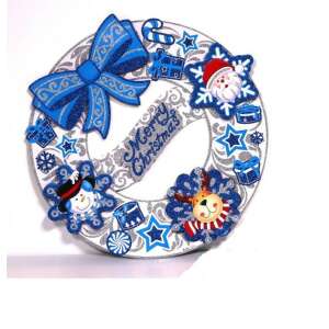 Iris 3D karácsonyi koszorú dekoráció kék masnival, Mikulással, hóemberrel és rénszarvassal - Iris