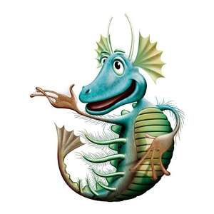 Aqua Dragon, egy barátságos, kék és zöld vízi lény rajzolt illusztrációja, hosszú farokkal és három szemmel - World Alive