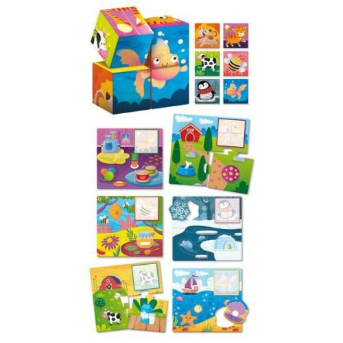 Montessori baba fa puzzle kockák állatokkal és élőhelyeikkel