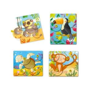 Joc educativ Quercetti Giro Puzzle Play Montessori pentru copii cu vârste cuprinse între 3 și 5 ani, cu leneș, broască țestoasă, maimuță și tucan - Puzzle 3D & Puzzle cu burete