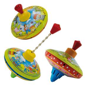 Búgócsiga spinning top toy with colorful farm illustrations, multiple views - Goki