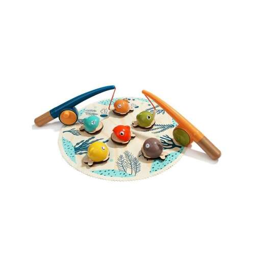 Игра за риболов с две въдици и шест цветни риби на килим с морски мотив