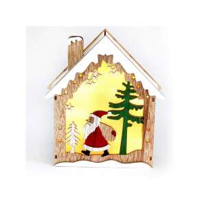 Drevená vianočná dekorácia v tvare domu s motívom Santa Clausa, teplé biele LED svetlo - Iris
