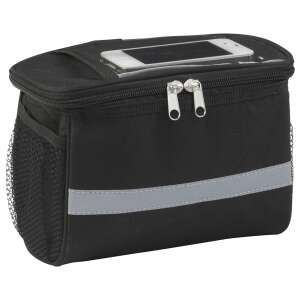 Czarna torba na kierownicę roweru z paskiem odblaskowym, izolowaną komorą chłodzącą, bocznymi kieszeniami z siatki i przezroczystym uchwytem na telefon - Torba chłodząca, opakowanie na lód