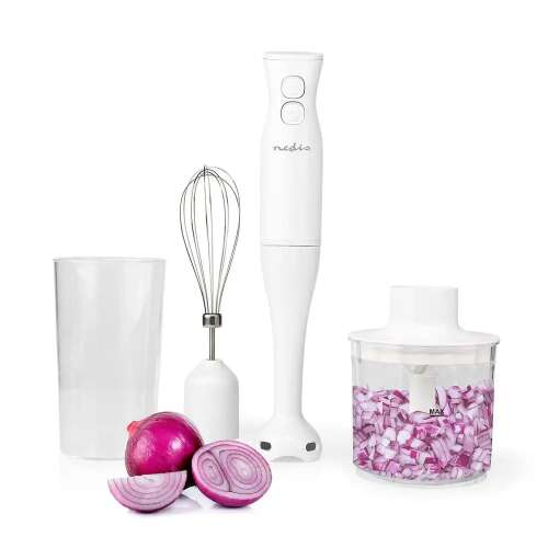 Set blender de mână Nedis KAHB120CWT 4 în 1, alb, cu tocător, tel și pahar