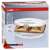 Clatronic ST 3477 sandwich maker, white, with two triangular slots, open, showing toasted bread inside, packaging box