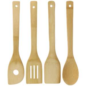 Set of 5 bamboo kitchen utensils, including a slotted spoon, spatula, serving spoon, and two wooden spoons - Kitchen Tool Set