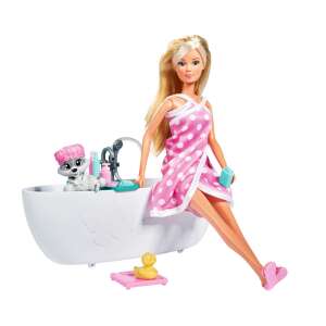 Кукла Steffi Love в розова халат, седнала на вана, с плюшена ракун и аксесоари за баня - Simba Toys Баба