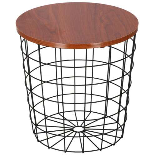 Black metal wire basket coffee table with wooden top, Springos
