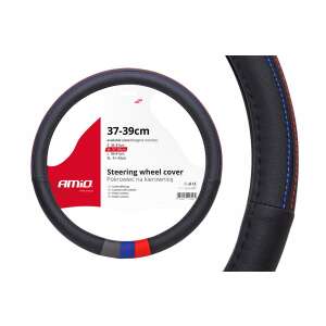 Amio kormányhuzat, fekete, piros és kék varrással, 37-39 cm - AMiO