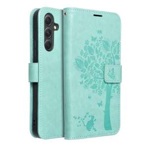 Samsung Galaxy A54 5G green leather wallet case with tree design, open and closed - OEM Phone Case