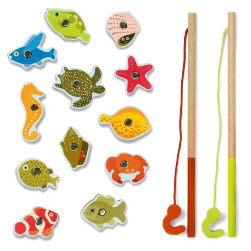 Djeco Tropical Fishing Game pieces - Magnetic wooden sea creatures and fishing rods