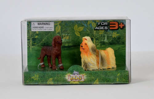 2 db kutya figurák, 4 cm, barna és fehér, műanyag dobozban - Figura