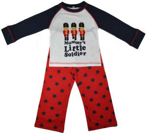 Bluezoo boys' pajamas with long sleeves, red and white stars print, 'Mummy's Little Soldier' text, red and blue color - Kids' Pajama & Nightgown