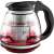 Lamart glass teapot with stainless steel infuser and black handle, filled with red tea
